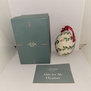 Lenox Cream Ornament with Red Ribbon and Green Holly